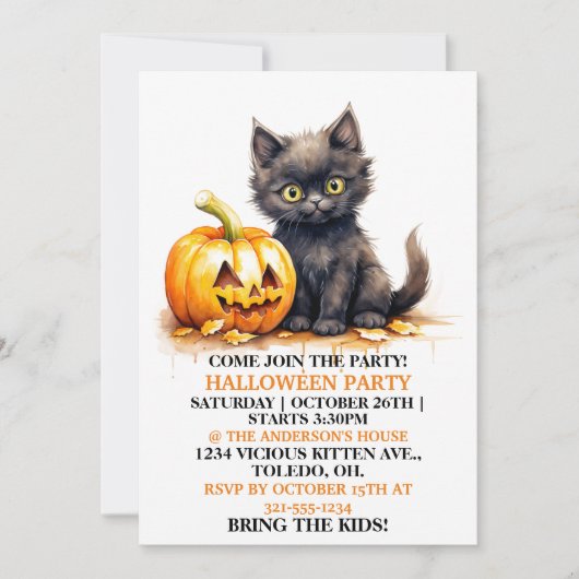 Cute Little Cat Happy Halloween Party Invitations (Devant)