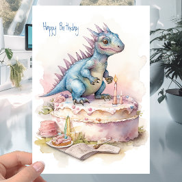 Cute Little Dinosaur met Cake - Kinderen van Birth Kaart