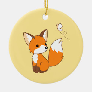 Cute Little Fox die Butterfly op Yellow bezoekt Keramisch Ornament