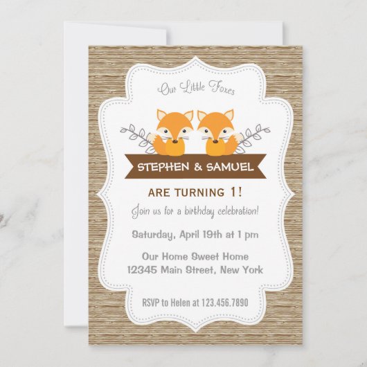 Cute Little Foxes Anniversaire Invitation Bois (Devant)