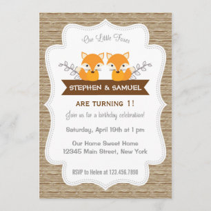 Cute Little Foxes Anniversaire Invitation Bois