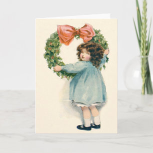 Cute Little Girl Hulstkrans Roze Strik Feestdagen Kaart