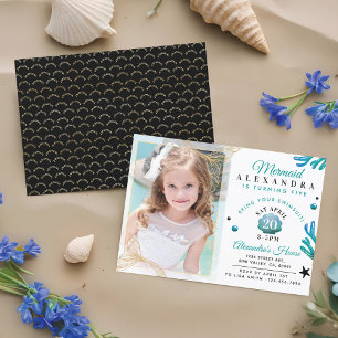 Cute Little Girl Mermaid Photo Birthday Invitation Kaart