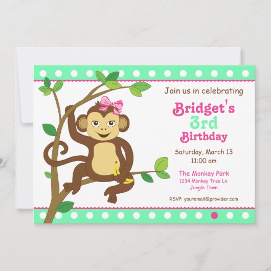 Cute Little Girl Monkey Invitation Kaart (Voorkant)