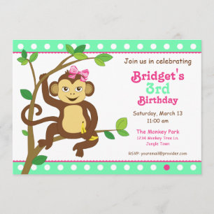 Cute Little Girl Monkey Invitation Kaart