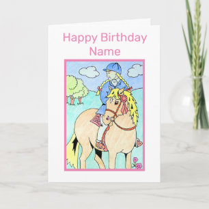 Cute Little Girl Riding Pony Birthday Kaart