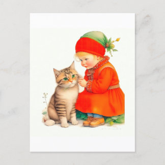 Cute Little Girl With Kitten Chritmas  Briefkaart