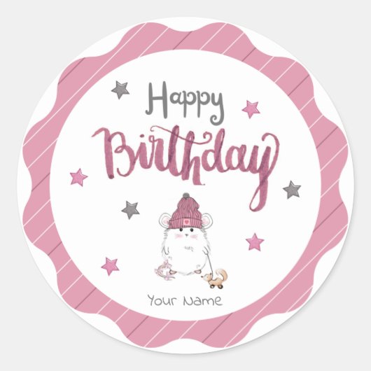Cute Little Hamster Happy Birthday Ronde Sticker (Voorkant)