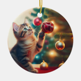Cute Little Kitten Playing With Christmas Bulb Keramisch Ornament