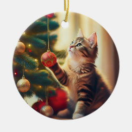 Cute Little Kitten Playing With Christmas Bulb Keramisch Ornament