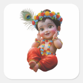 Cute Little Krishna Traditional Indian Art Poster Vierkante Sticker