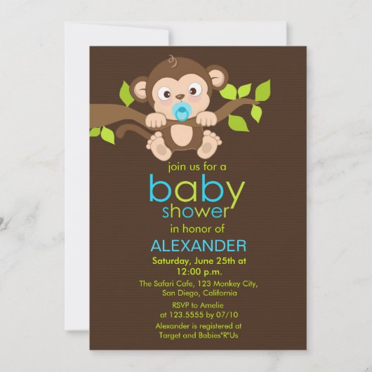 Cute Little Monkey Boy Invitation Baby shower (Devant)
