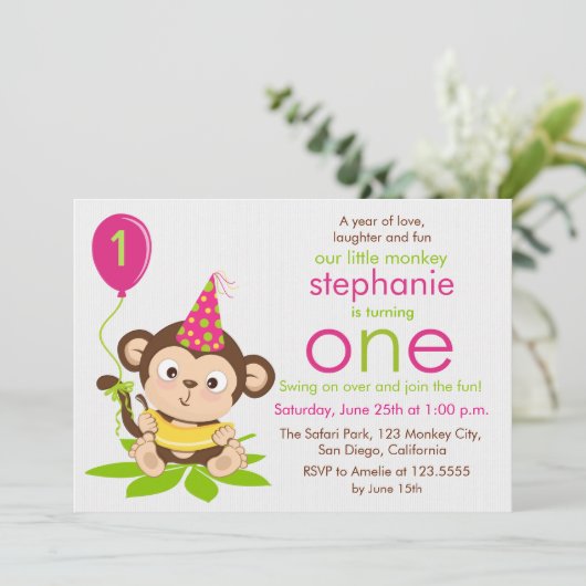 Cute Little Monkey First Birthday Invitation (Debout devant)