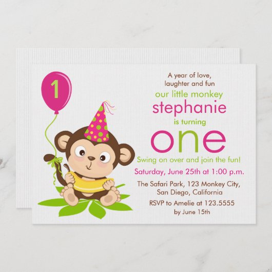 Cute Little Monkey First Birthday Invitation (Devant / Derrière)