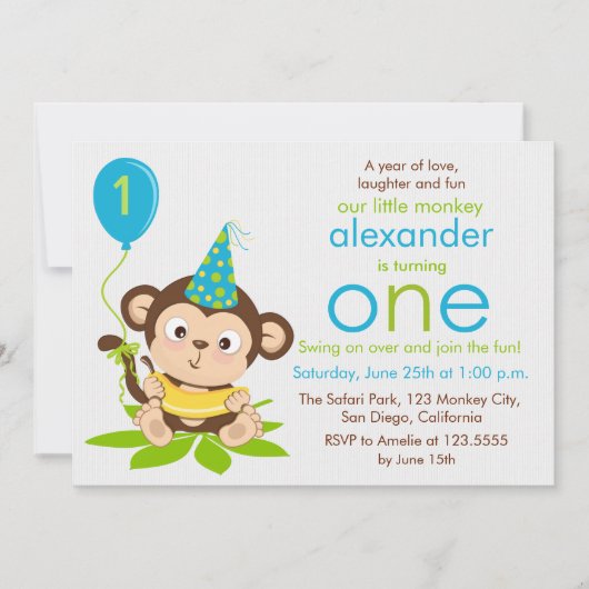 Cute Little Monkey First Birthday Invitation (Devant)