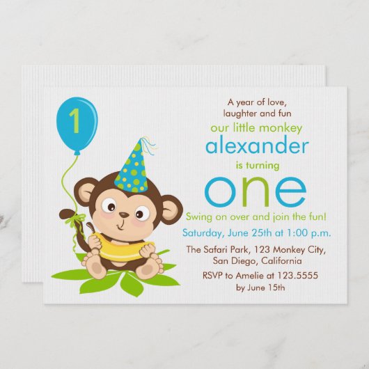 Cute Little Monkey First Birthday Invitation (Devant / Derrière)