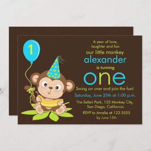 Cute Little Monkey First Birthday Invitation (Devant / Derrière)