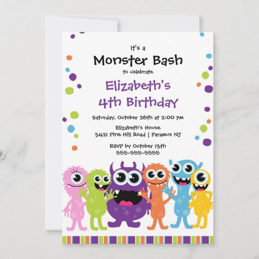 CUTE Little Monster Bash Birthday Party Kaart (Voorkant)