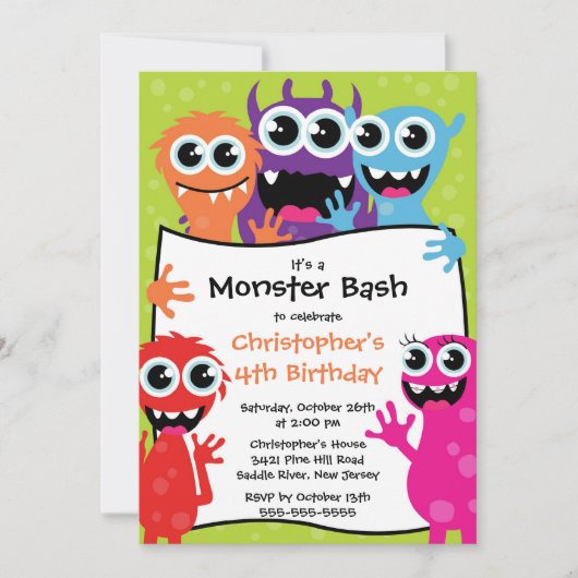CUTE Little Monster Bash Birthday Party Kaart (Voorkant)
