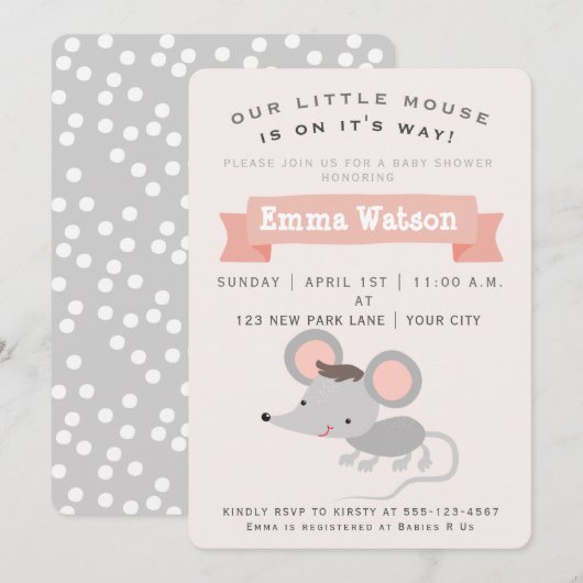 Cute Little Mouse - Baby shower Invitation Kaart (Voorkant / Achterkant)
