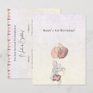 Cute Little Mouse With Pink Balloons Invitation