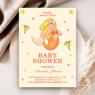 Cute Little Oranje Mermaid Baby shower Invitation Kaart