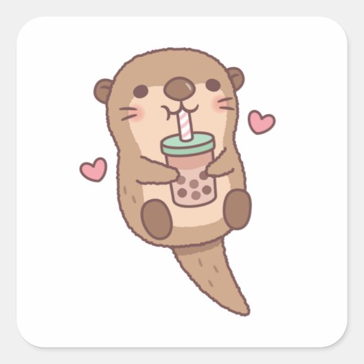 Cute Little Otter houdt van Bubble Tea Vierkante Sticker (Voorkant)