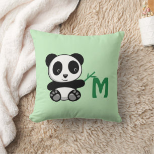 Cute Little Panda Bamboo Stick Monogram Green Kussen
