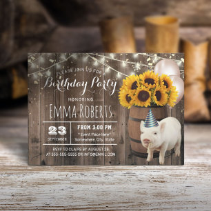 Cute Little Piggy Rustic Sunflower Birthday Party Kaart