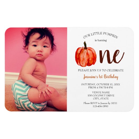 Cute Little Pumpkin First Birthday Invitation Magneet (Horizontaal)