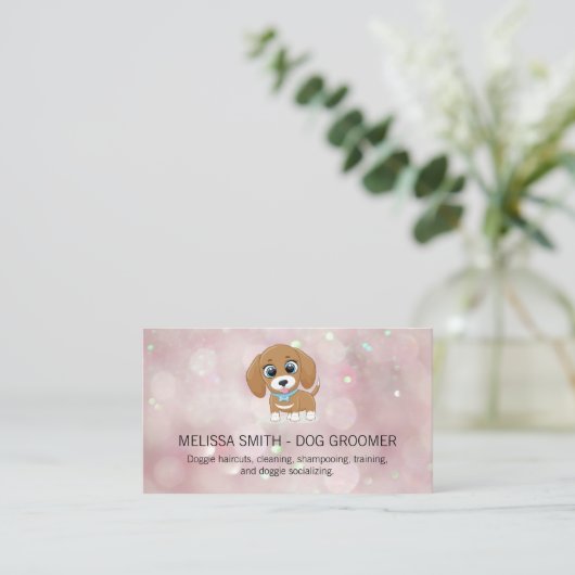 Cute Little Puppy | Visitekaartje Roze Bokeh (Staand voorkant)