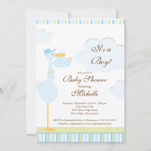 Cute Little Stork Boy Baby shower Invitation Kaart (Voorkant)