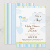 Cute Little Stork Boy Baby shower Invitation Kaart (Voorkant / Achterkant)