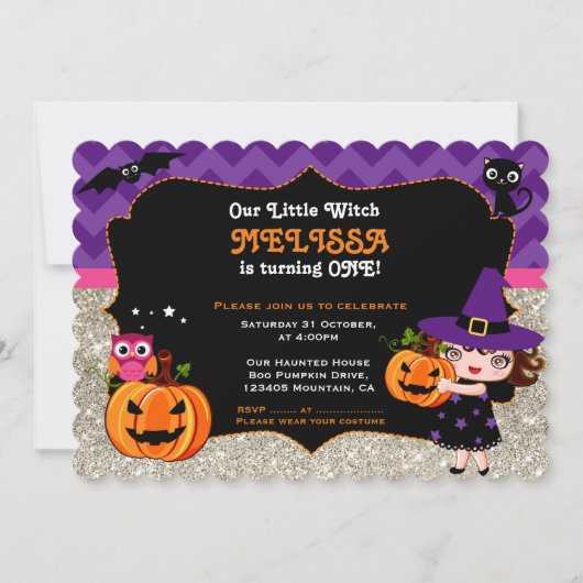 Cute Little Witch First Birthday uitnodiging (Voorkant)