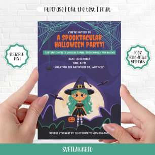 Cute Little Witch Halloween Party Invitation Kaart