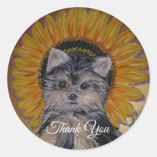 Cute Little Yorkie en Sunflower Bedankt Ronde Sticker