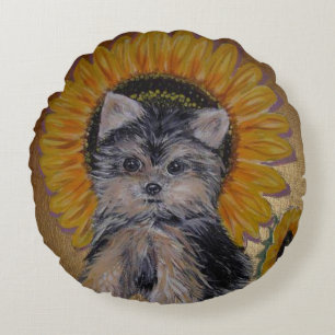 Cute Little Yorkie en Sunflower Rond Kussen