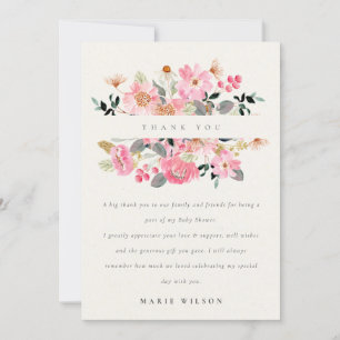 Cute Lively Pink Waterverf Floral Baby shower Bedankkaart