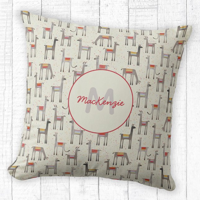 Cute Llama Alpaca Monogram Naam Kussen (Fun llama personalized name monogram initial throw pillow)