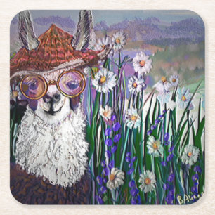 .Cute Llama Art met bril. en kunst Vierkante Kartonnen Onderzetter