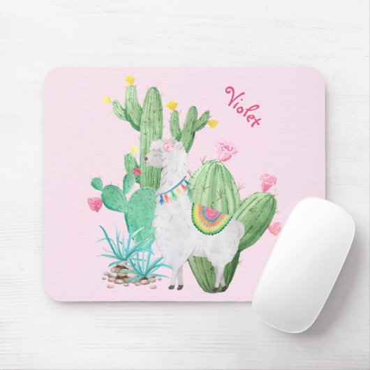 Cute Llama en Cactus Waterverf - Pastel Roze Muismat (Met muis)