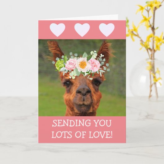 Cute Llama en het hart komen goed Kaart (Gele Bloem)