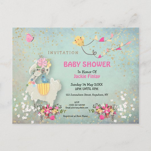 Cute Llama/Floral Baby shower Invitation (Devant)
