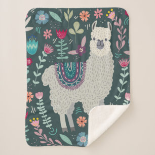Cute Llama Floral Design Sherpa Deken