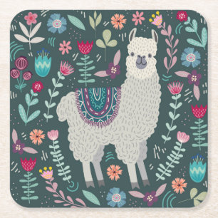 Cute Llama Floral Design Vierkante Kartonnen Onderzetter