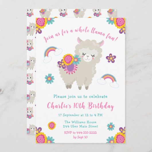 Cute Llama Floral Invitation Anniversaire (Devant / Derrière)