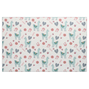 Cute Llama Flower Hearts Folk Art Doodle Stof