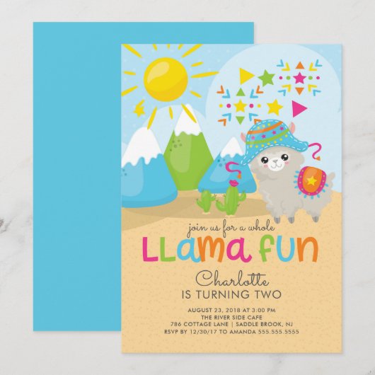 Cute Llama Fun Birthday Invitation Kaart (Voorkant / Achterkant)