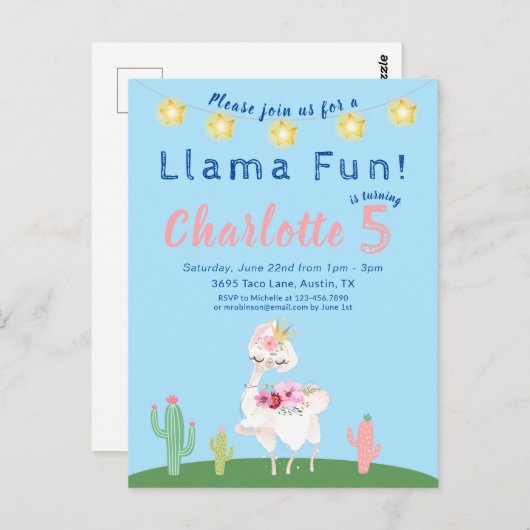 Cute Llama Fun Blue Birthday Party Briefkaart (Voorkant / Achterkant)