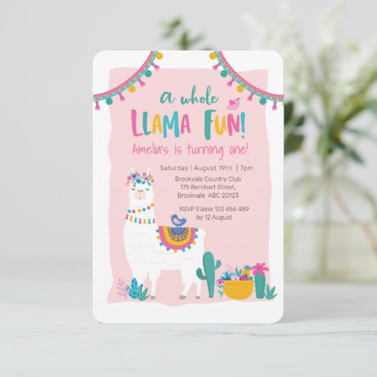 Cute Llama fun cactus Anniversaire Invitation (Debout devant)